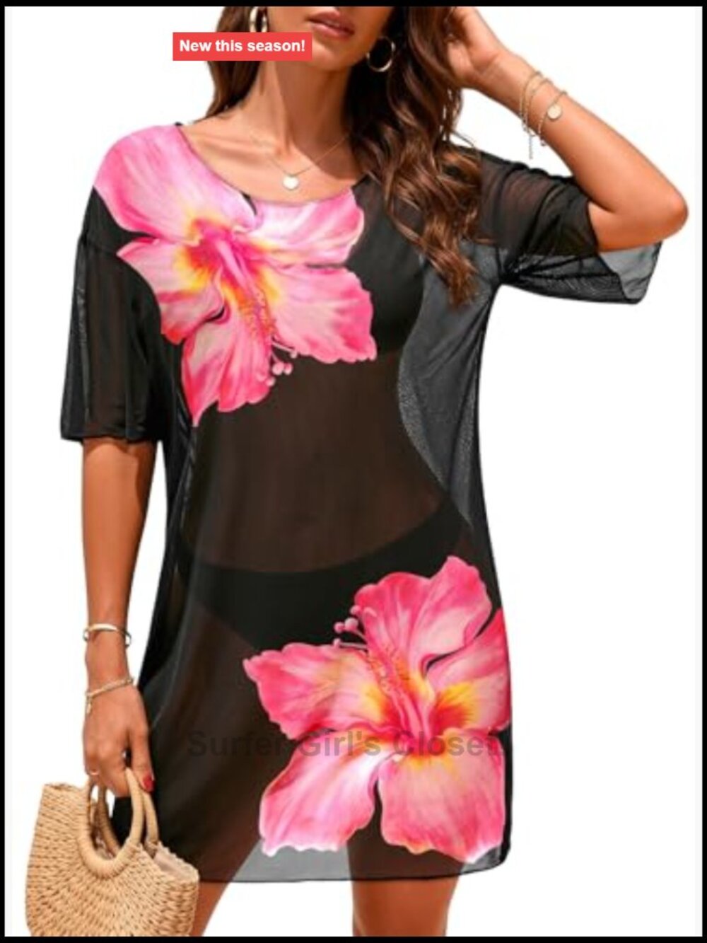 Sheer Mesh Swimsuit Cover Up Short Sleeve Beach Dress Bathing Suit Cover - Picture 3 of 7